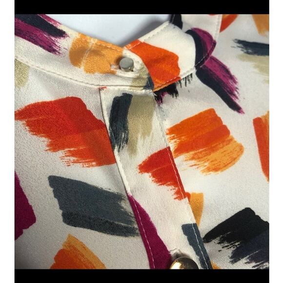 Anne Klein Novelty Print Mandarin Neck Blouse Medium Silver Buttons - Picture 11 of 14